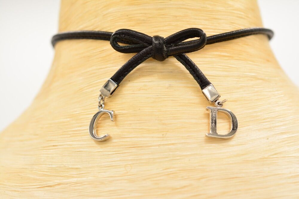 Christian Dior Vintage Bow Choker Necklace Logo CD Charm Black Leather Signed